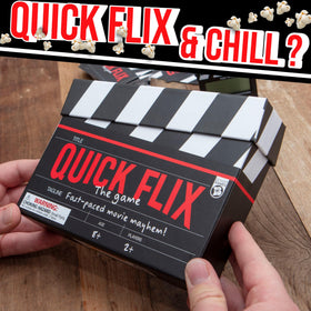 Quick Flix trivia cards cover varied movie categories for groups.