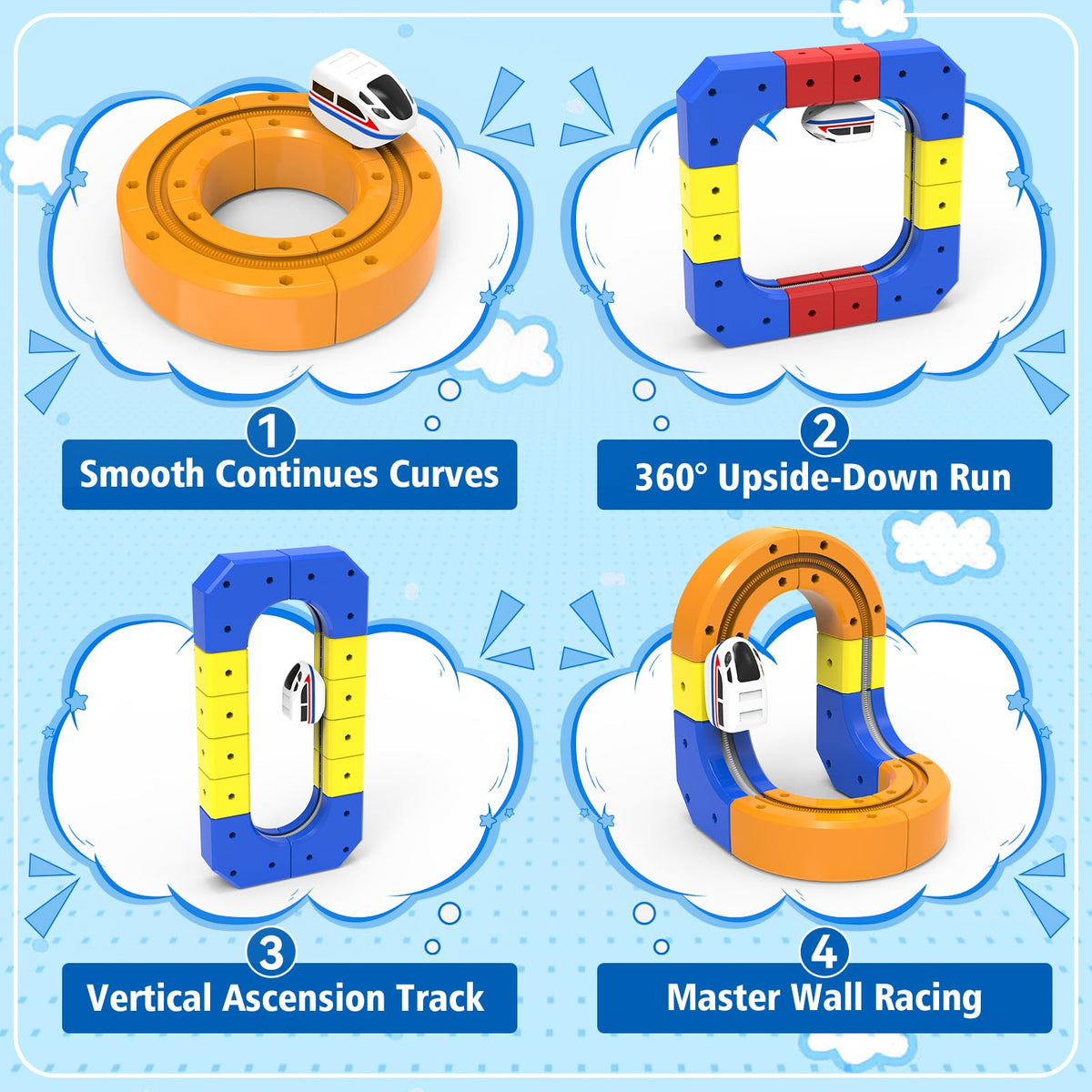BOYKO USB-rechargeable trains offer long-lasting play with quick recharges.