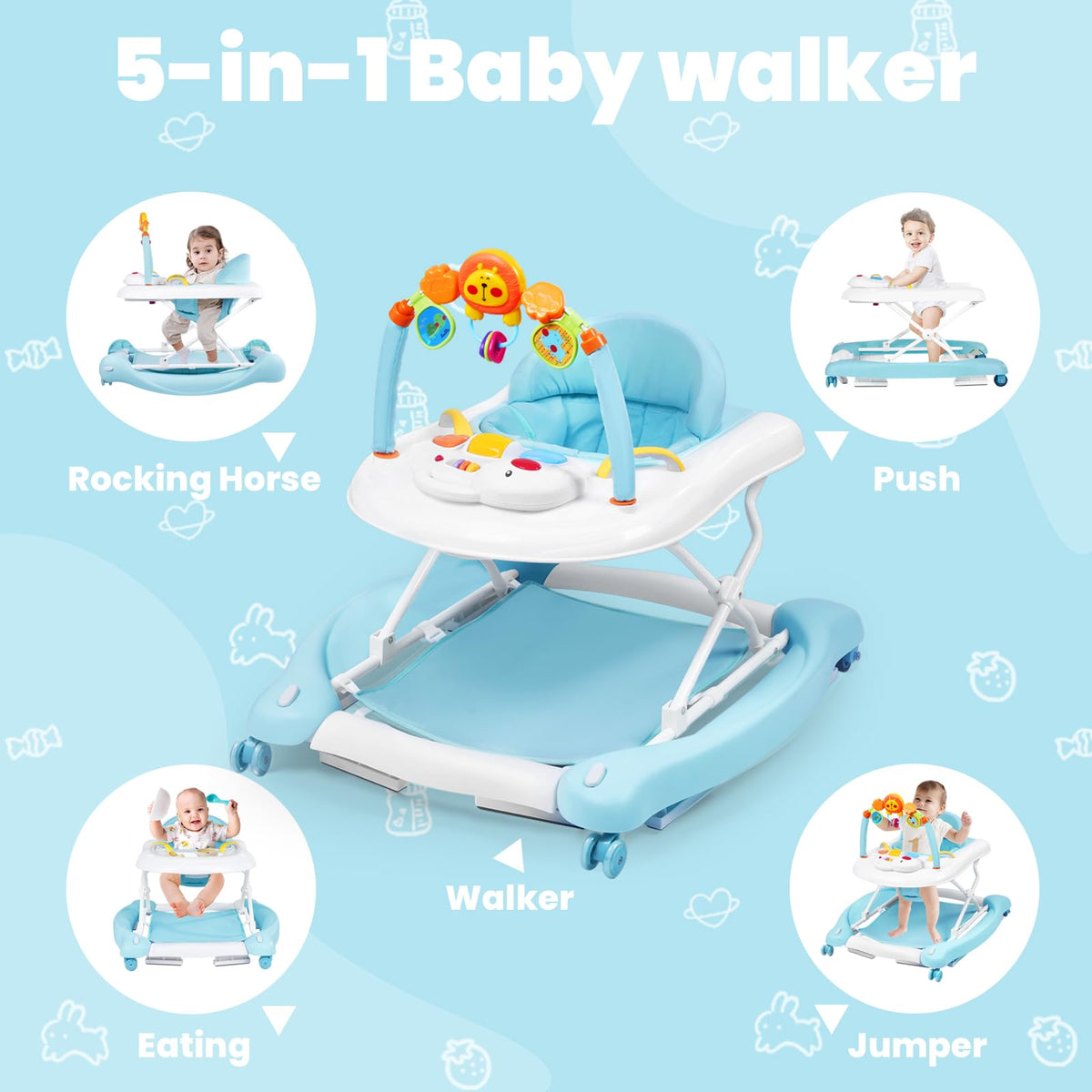 Boyro Baby 5-in-1 walker in bouncer mode promotes playful sensory exploration