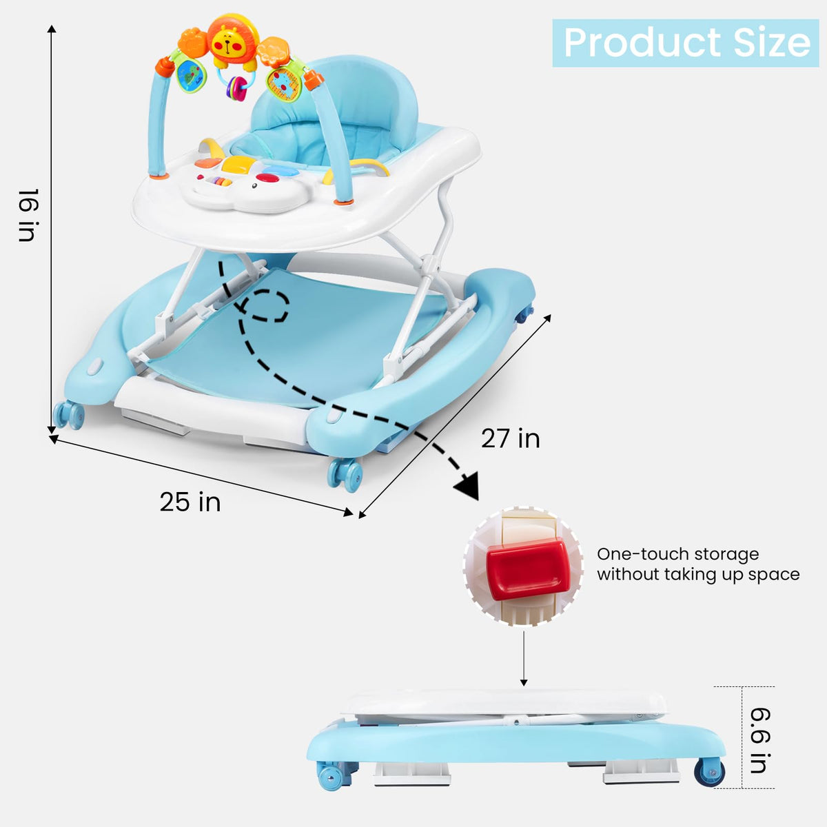 Boyro Baby 5-in-1 walker folds compactly for tidy storage