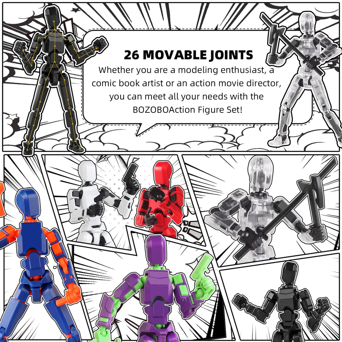 BOZOBO 3D-printed action figures encourage creative posing and portfolio-worthy displays.