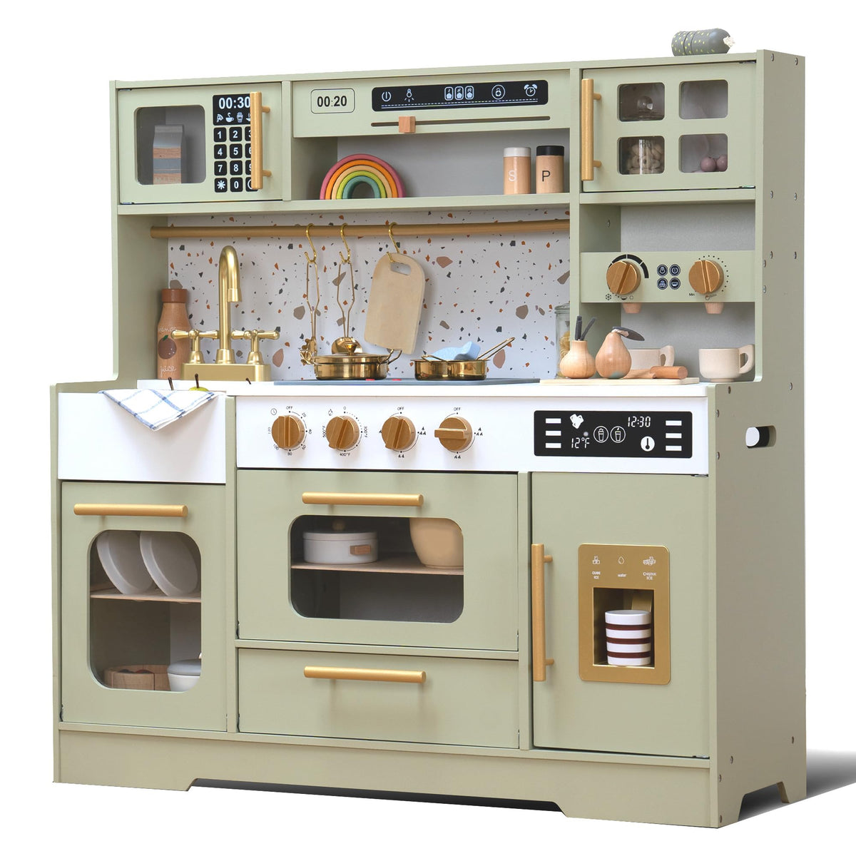 BPMFKID wooden play kitchen stove with lifelike knobs for realistic pretend cooking.
