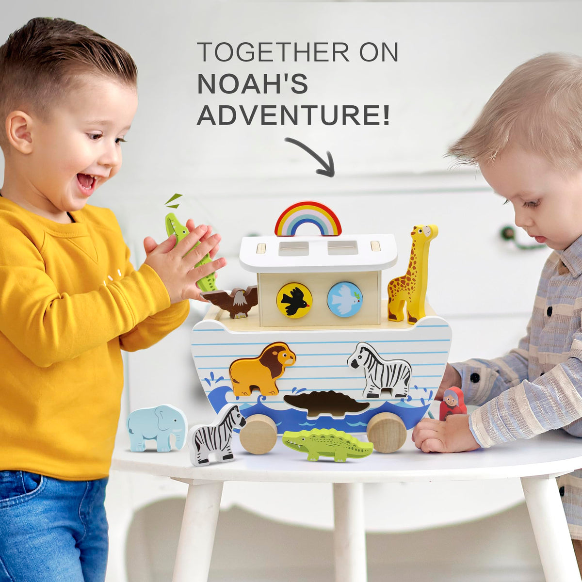 bpmfkid-noahs-ark-toy-with-wheels-and-tow-rope enables active storytelling and guided adventures.