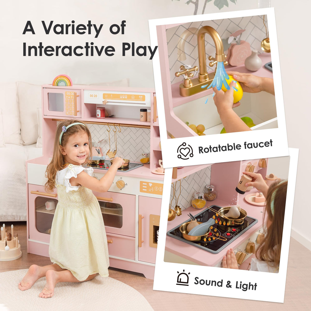bpmfkid Pink Wooden Play Kitchen includes 15+ accessories for creative culinary play.