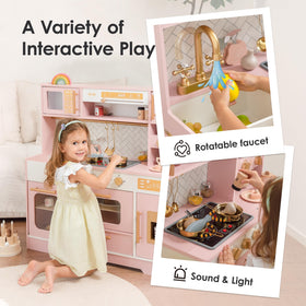 bpmfkid Pink Wooden Play Kitchen includes 15+ accessories for creative culinary play.