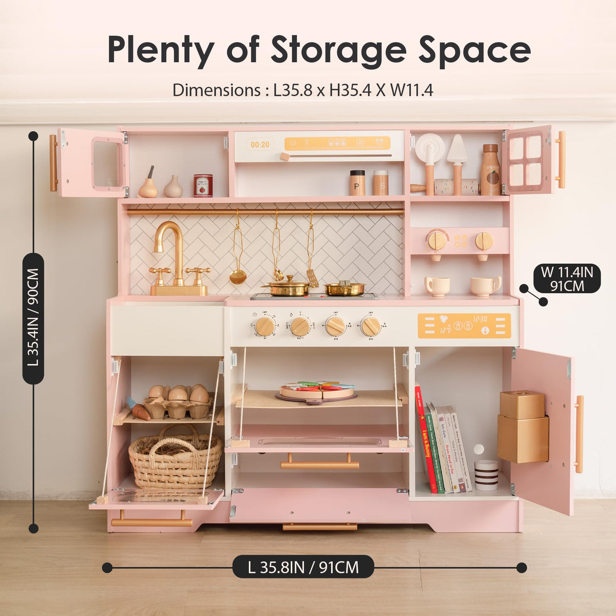 bpmfkid Pink Wooden Play Kitchen large space for three kids to play together.