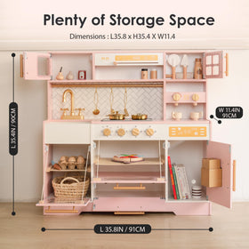 bpmfkid Pink Wooden Play Kitchen large space for three kids to play together.