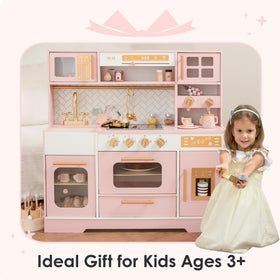 bpmfkid Pink Wooden Play Kitchen oven knob click adds realistic kitchen interactivity.