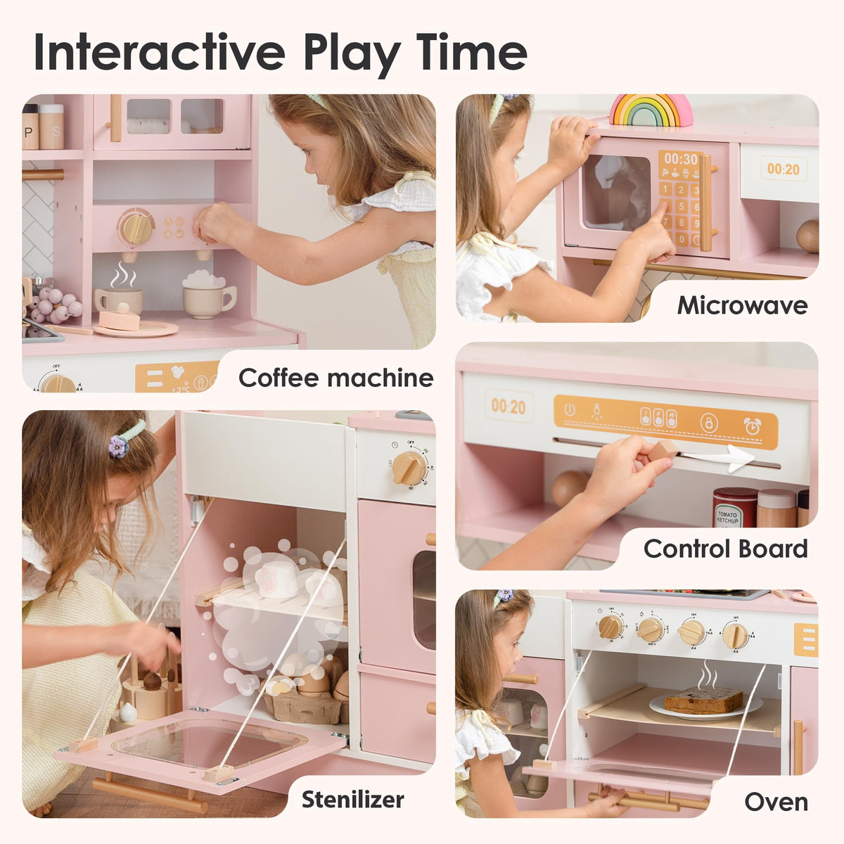 bpmfkid Pink Wooden Play Kitchen storage shelves help organize pretend ingredients.