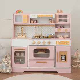 bpmfkid Pink Wooden Play Kitchen stovetop lights enhance immersive pretend cooking.