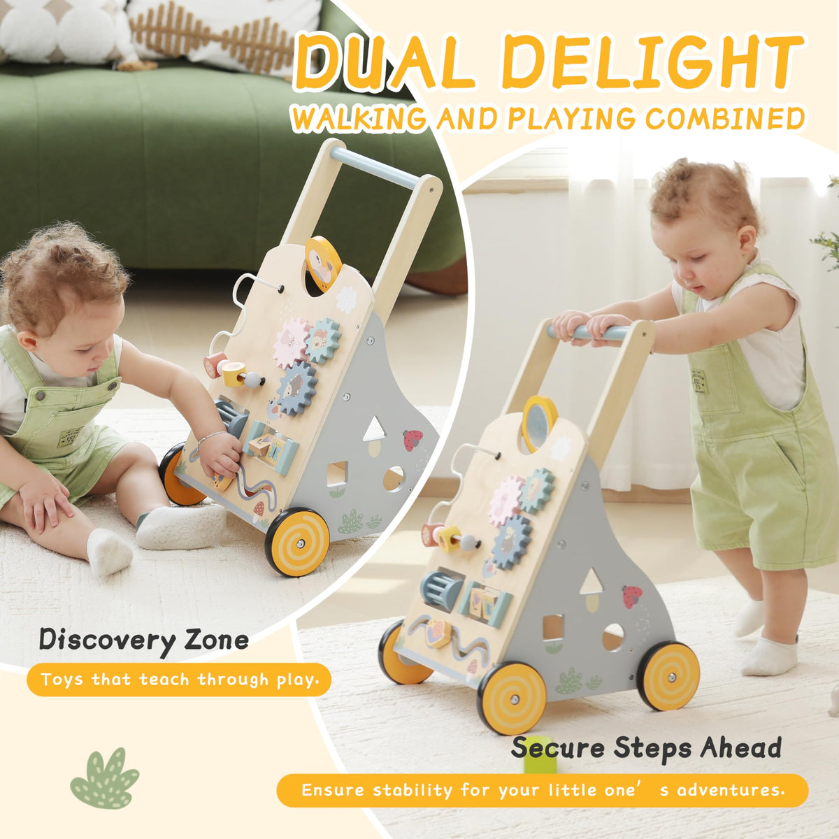 Bpmfkid wooden baby walker showing activity gears for engaging play and cognitive development.