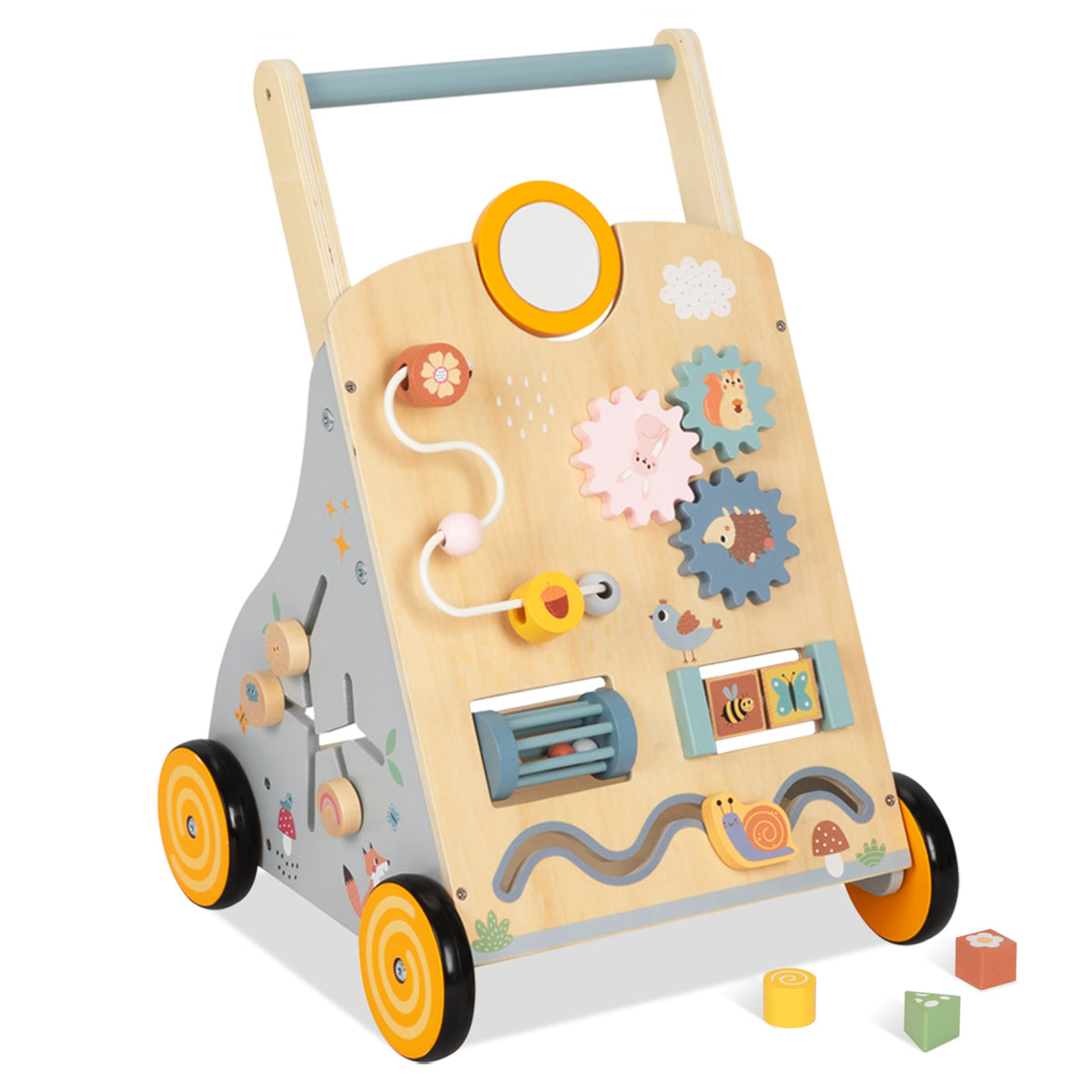 Bpmfkid wooden baby walker with adjustable height supports growing toddlers' early steps.