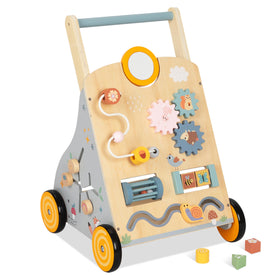 Bpmfkid wooden baby walker with adjustable height supports growing toddlers' early steps.