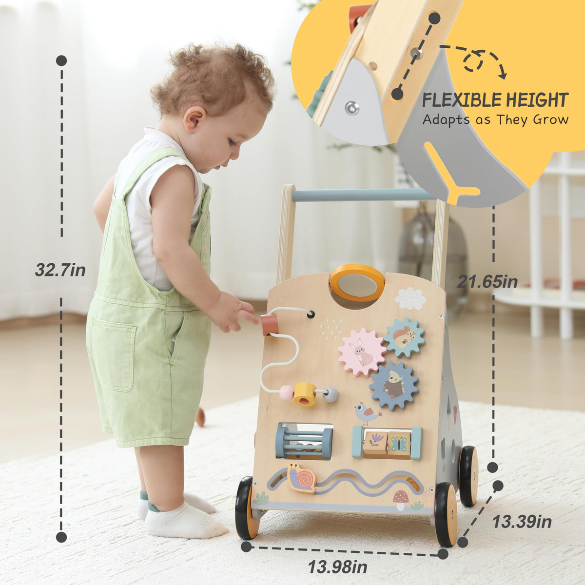 Bpmfkid wooden baby walker with simple assembly fits compact spaces for apartment living.