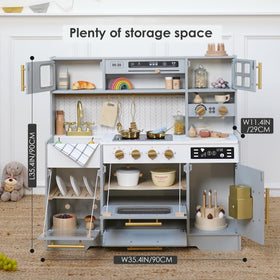 BPMFKID open shelves help kids organize toy foods and utensils.