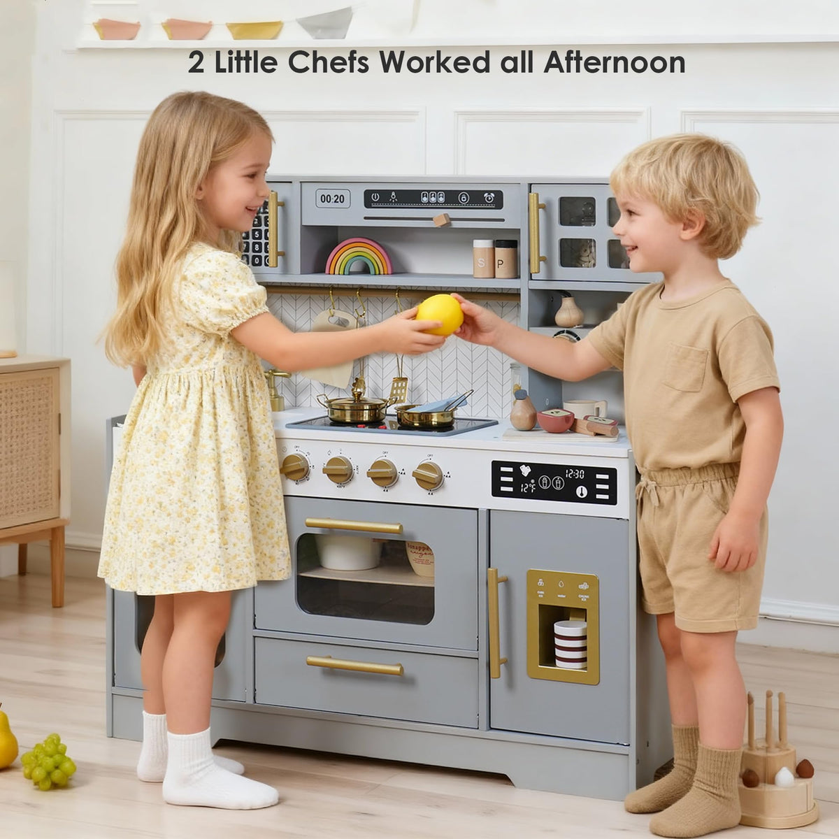 BPMFKID wooden play kitchen sink and faucet promote fine motor play.
