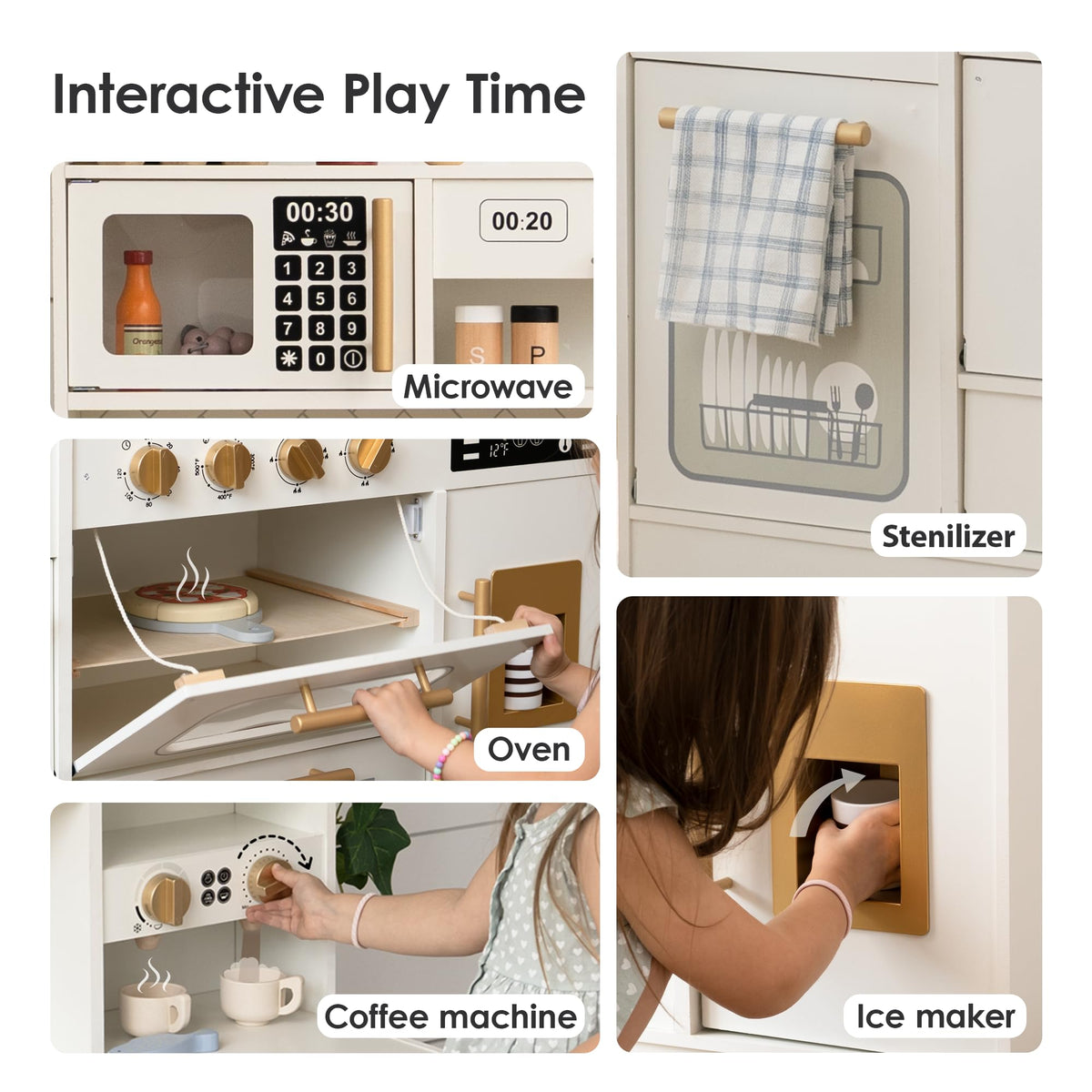 Bpmfkid storage shelves organize ingredients for quick pretend meals.