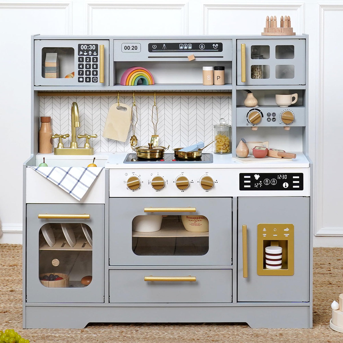 BPMFKID wooden play kitchen stove lights up for imaginative cooking.