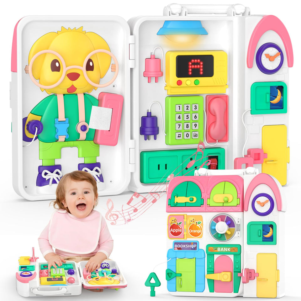 BQU Montessori Busy Board with 23 sensory activities boosts fine motor skills.