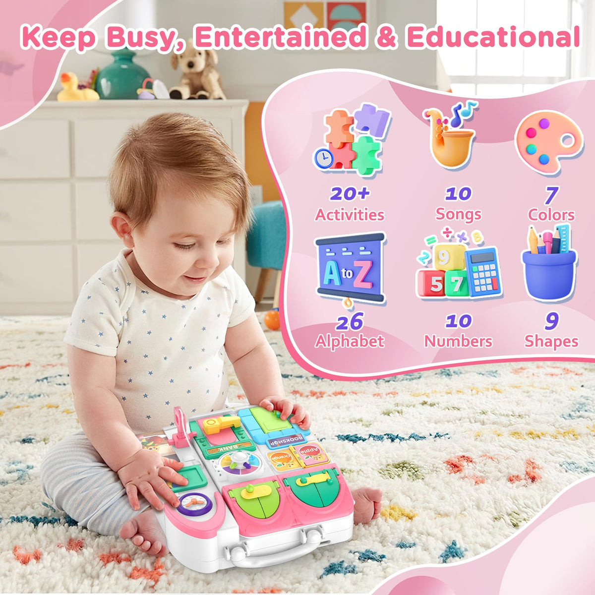 BQU Busy Board provides English and Spanish modes for bilingual toddlers.