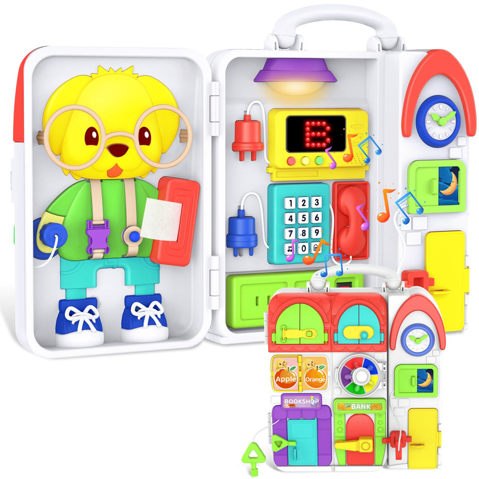 BQU Musical Busy Board with buttons promotes fine motor exploration and cause-and-effect play.