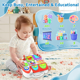 BQU Busy Board features songs to support language exposure during interactive play.