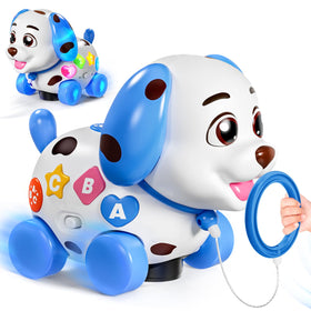 BQU Musical Puppy Toy blue side view with lights to engage babies