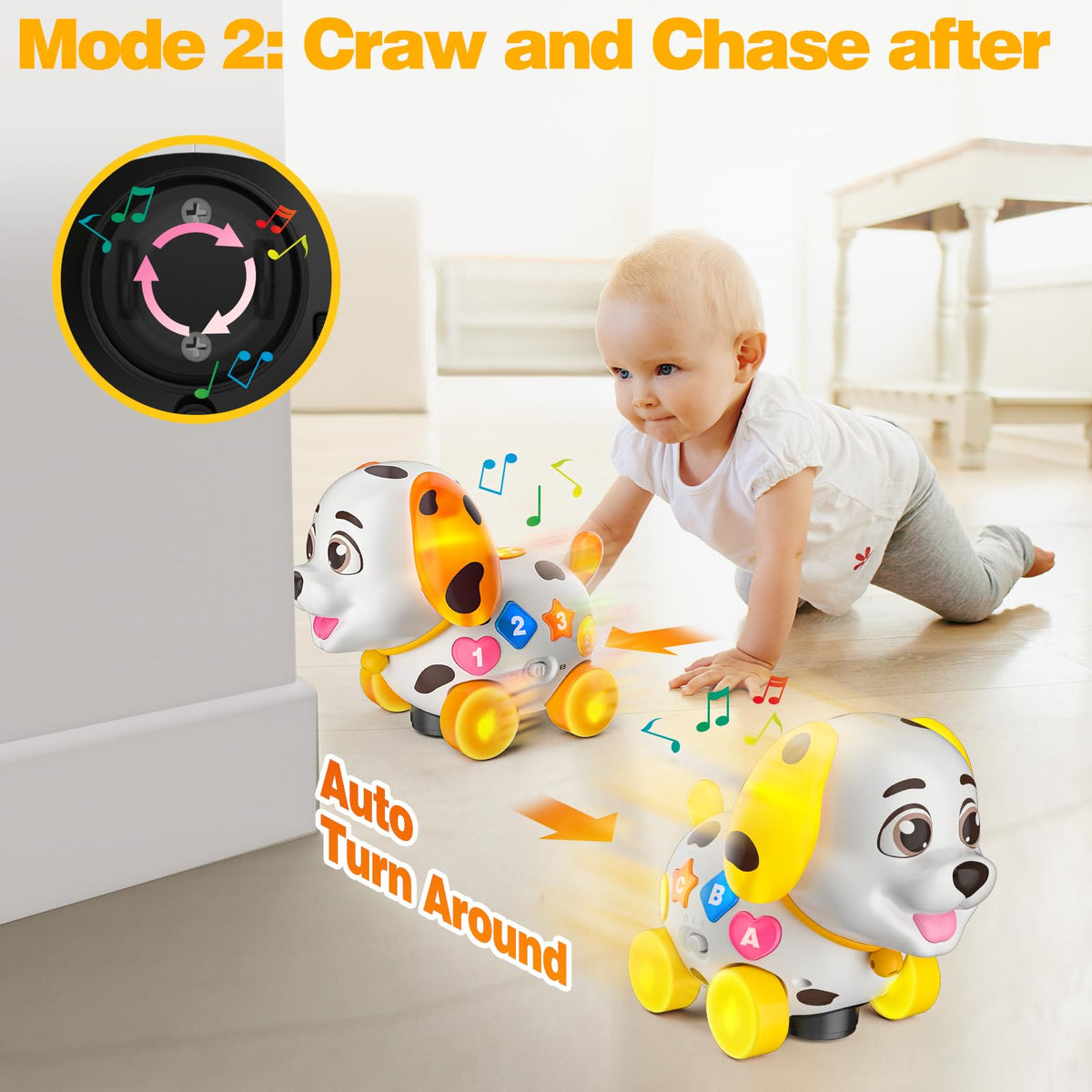 BQU puppy toy featuring 7 colorful buttons with English and Spanish modes