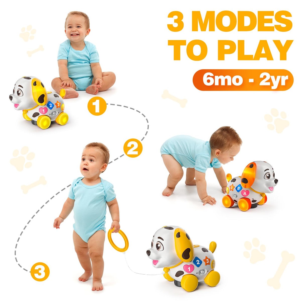 BQU puppy toy in crawling mode helps babies practice movement with music and lights