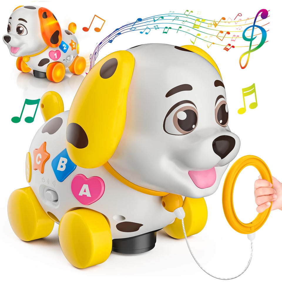BQU Musical Puppy Toy in a yellow box attracting babies with colors and sounds
