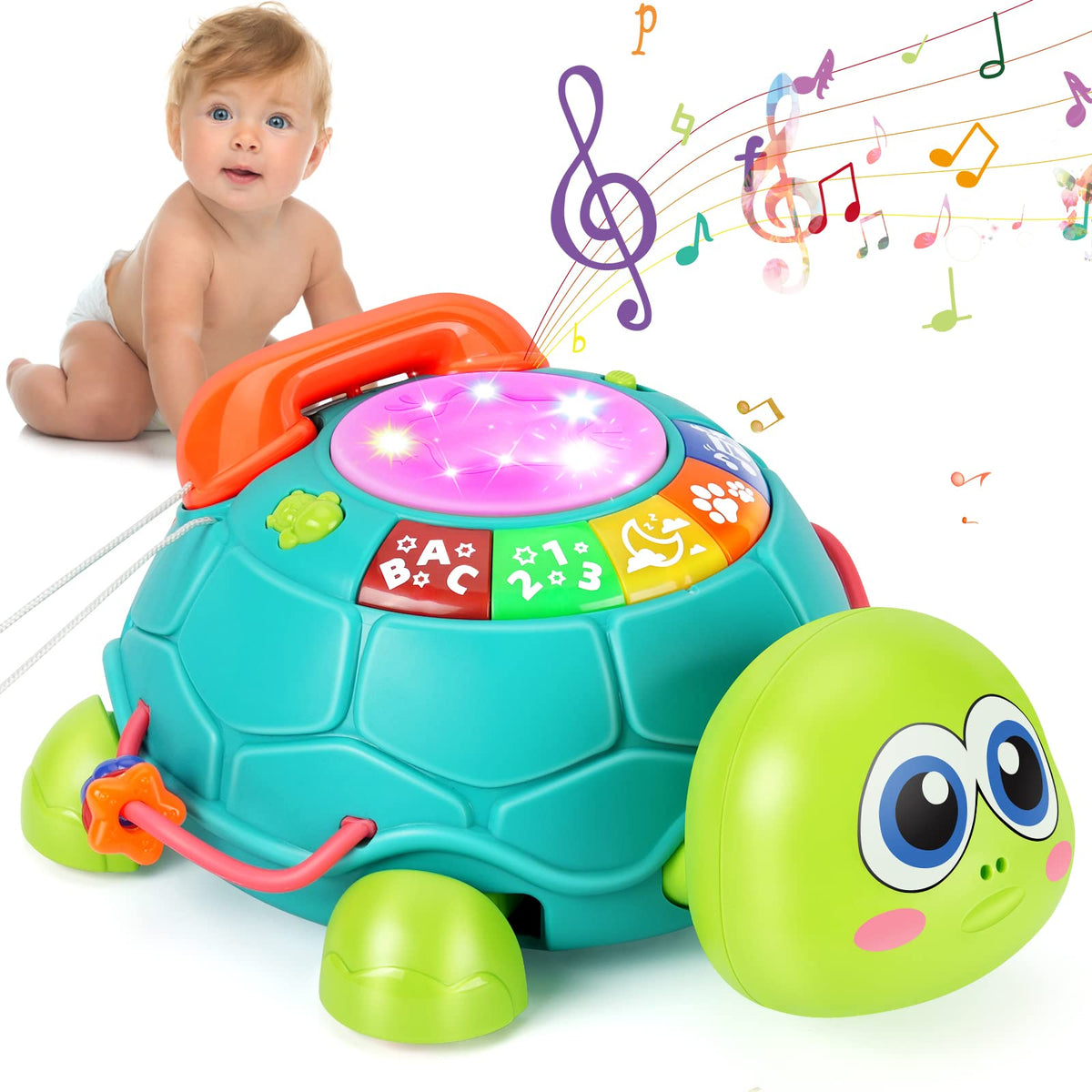 BQU Musical Turtle toy crawling with light-up features inviting movement and exploration