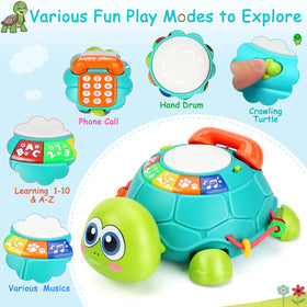 BQU Musical Turtle toy featuring phone dial activity to boost fine motor curiosity