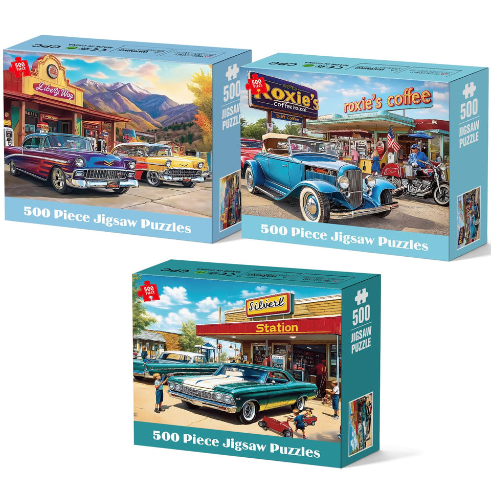 Bractowa 3-pack retro car puzzles box, ideal gift for car lovers.