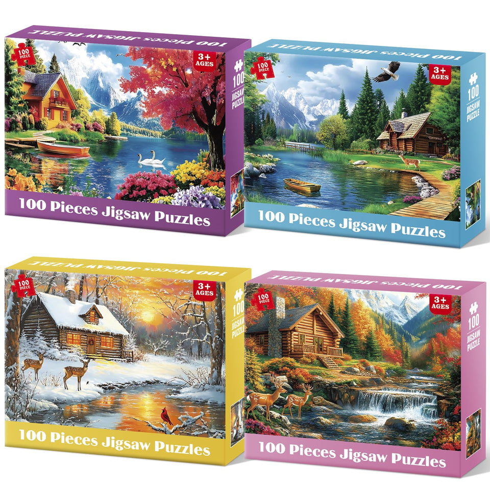 Bractowa four-pack 100-piece puzzles featuring seasonal country cottages for relaxed family time