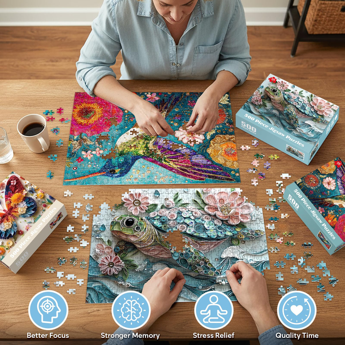 Bractowa hummingbird closeup 500-piece puzzle—swift colors fuel quick problem-solving moments.