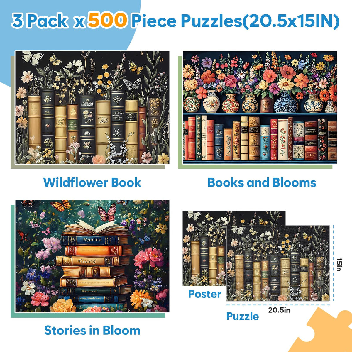 Bractowa three puzzles vintage flower book scenes ideal for cozy weekends