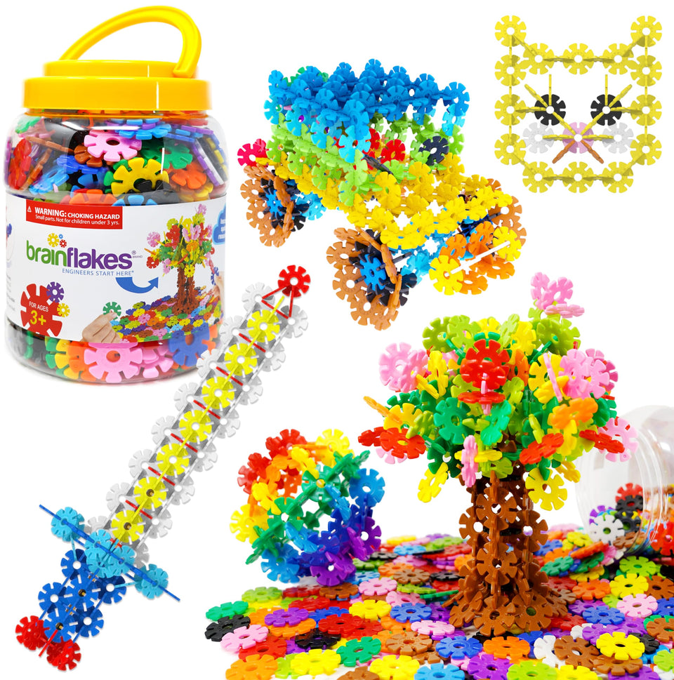 Brain Flakes storage jar with 500+ discs offers organized play and quick setup.