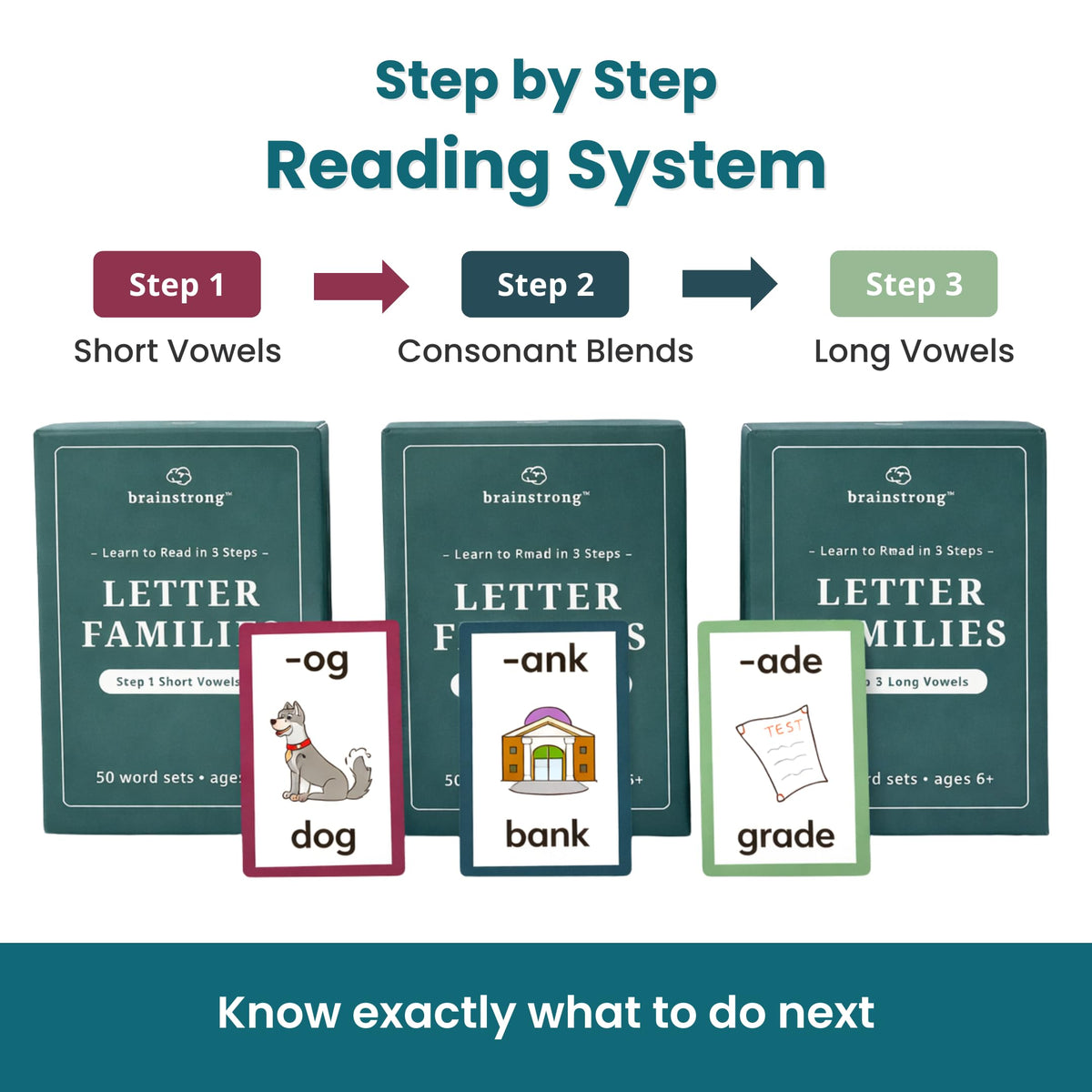Brainstrong Step 3 long and irregular vowels card expands vowel awareness.