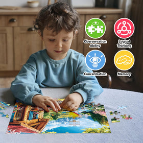 BraniacBits puzzle set box displaying four seasons design for storage