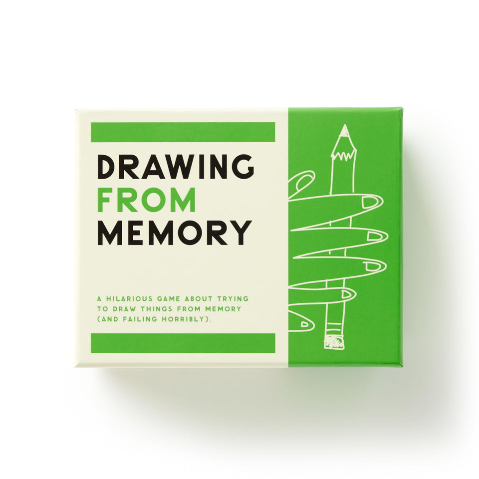 Brass Monkey Drawing From Memory pad close-up with prompts for party-ready creative play.