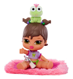 Flocked pet Pretty Princess the frog accompanies Yasmin for cuddly storytelling.