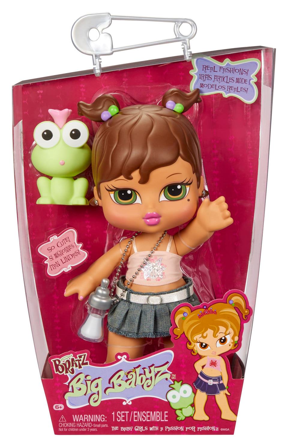 Bratz Big Babyz Yasmin wearing a pink top and denim skirt for nostalgic fashion play.