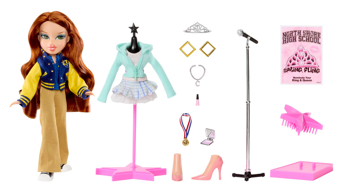 Bratz Cady blue letterman jacket, ideal for recreating iconic Spring Fling style.