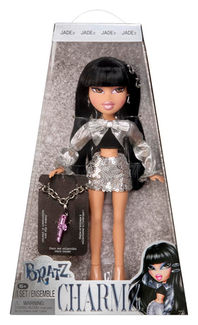 Bratz Charmz Jade doll wearing chrome jacket with oversized bow and glittering silver skirt.