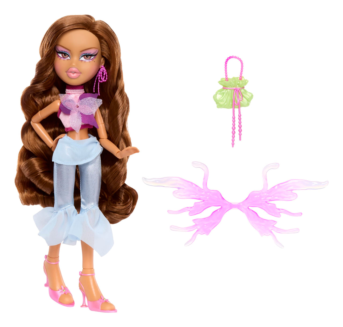 Yasmin in pink top with iridescent capris under soft lighting for a fantasy look.