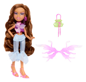 Yasmin in pink top with iridescent capris under soft lighting for a fantasy look.
