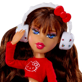 Hello Kitty purse and red bow headphones add cute details.