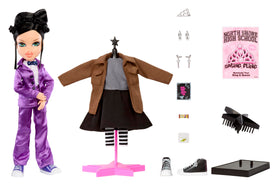 Bratz Janis in purple tuxedo close-up for fashion inspired play and display