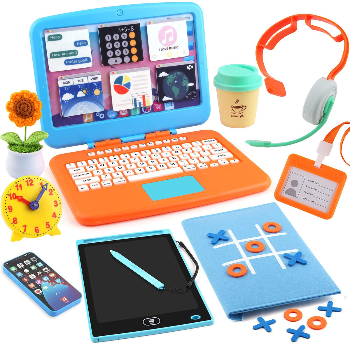 Bravilan pretend office laptop highlights kid-friendly design for imaginative work play.
