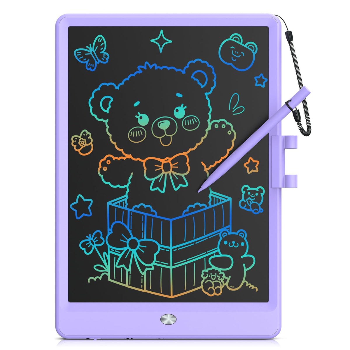 Bravokids 10-inch LCD writing tablet, purple, front view for easy kid drawing.